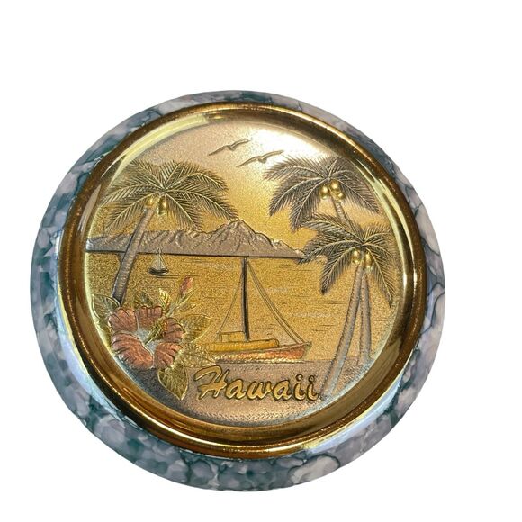 The Art Of Chokin Hawaii Jewelry Trinket Box 24K Gold Edged Aloha Made In Japan - Picture 3 of 8
